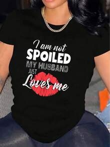 "I'm Not A Spoiled Lady" T-Shirt - Comfortable, Crew Neck, Casual, Cotton Blend, Short Sleeve, Soft And Breathable. Women's T-Shirt For Spring And Summer, Urban Style, Unisex, Suitable For Casual Daily Outings, Short Sleeve Summer Top, Retro Y2K Print T-Shirt. - 黑色 - 查看 6