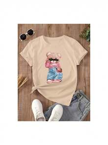 YOCASA Women's Casual Summer T-Shirt, Round Neck, Fitted Short Sleeve, With Oil Painting Print, Floral, Heart, Cherry And Letter Patterns. Simple Casual Fabric, Sporty Style, Ideal For Everyday Wear And Valentine's Day Dates. - 黑色 - 查看 2