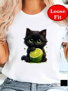 Camiseta de manga corta con cuello redondo y estampado de gato lindo y limón, top casual para primavera y verano, ropa de mujer de talla grande - [Blanco] - Ver 3