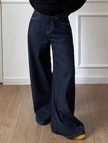 Jeans casuales de mujer de pierna ancha, unicolor, con bolsillo cargo suelto - Azul lavado oscuro - Ver 8
