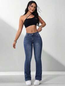 ICON Pantalones vaqueros de tiro bajo casuales y ajustados con pierna campana y efecto desgastado para mujer - Azul lavado oscuro - Ver 6