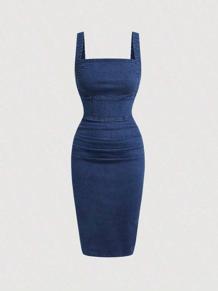 MOD Vestido de mezclilla sin mangas, cuello cuadrado, con pliegues y ajustado para mujer - Azul lavado oscuro - Ver 1