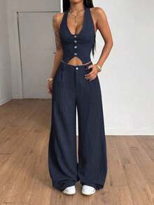 Conjunto de 2 piezas de chaleco y pantalones de unicolor de streetwear para mujer, para verano - Azul marino - Ver 3