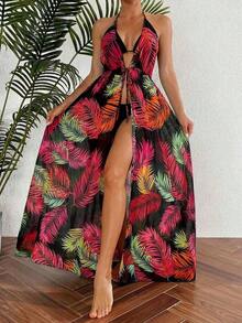 Swim Vcay Kimono de mujer con estampado tropical de plantas, tipo cubrecuerpo con cuello halter - Rosa - Ver 5