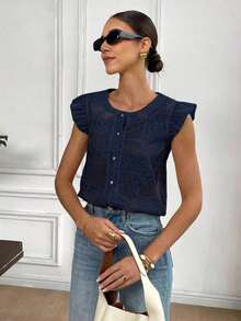 de moda con cuello redondo, manga corta y abotonadura sencilla, en tejido jacquard con estampado floral - Azul marino - Ver 4