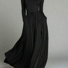 HUTENER Women's Long Dress, Solid Color Turtleneck Long Sleeve Bodycon Maxi Dress, Belted Waist Long Dress, Flowy Slimming, Retro Style, Versatile Office Wear Long Dress, Suitable For Spring, Summer And Autumn Elegant Black - Negro - Ver 1