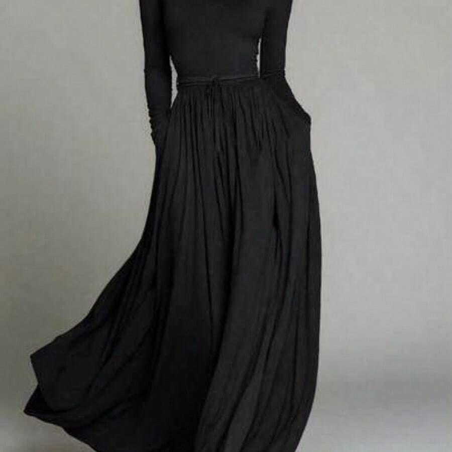 HUTENER Women's Long Dress, Solid Color Turtleneck Long Sleeve Bodycon Maxi Dress, Belted Waist Long Dress, Flowy Slimming, Retro Style, Versatile Office Wear Long Dress, Suitable For Spring, Summer And Autumn Elegant Black - Negro - Ver 1