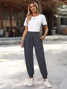 Pantalones casuales de mujer de cintura alta, plisados, con bolsillos y cordón - Gris - Ver 5