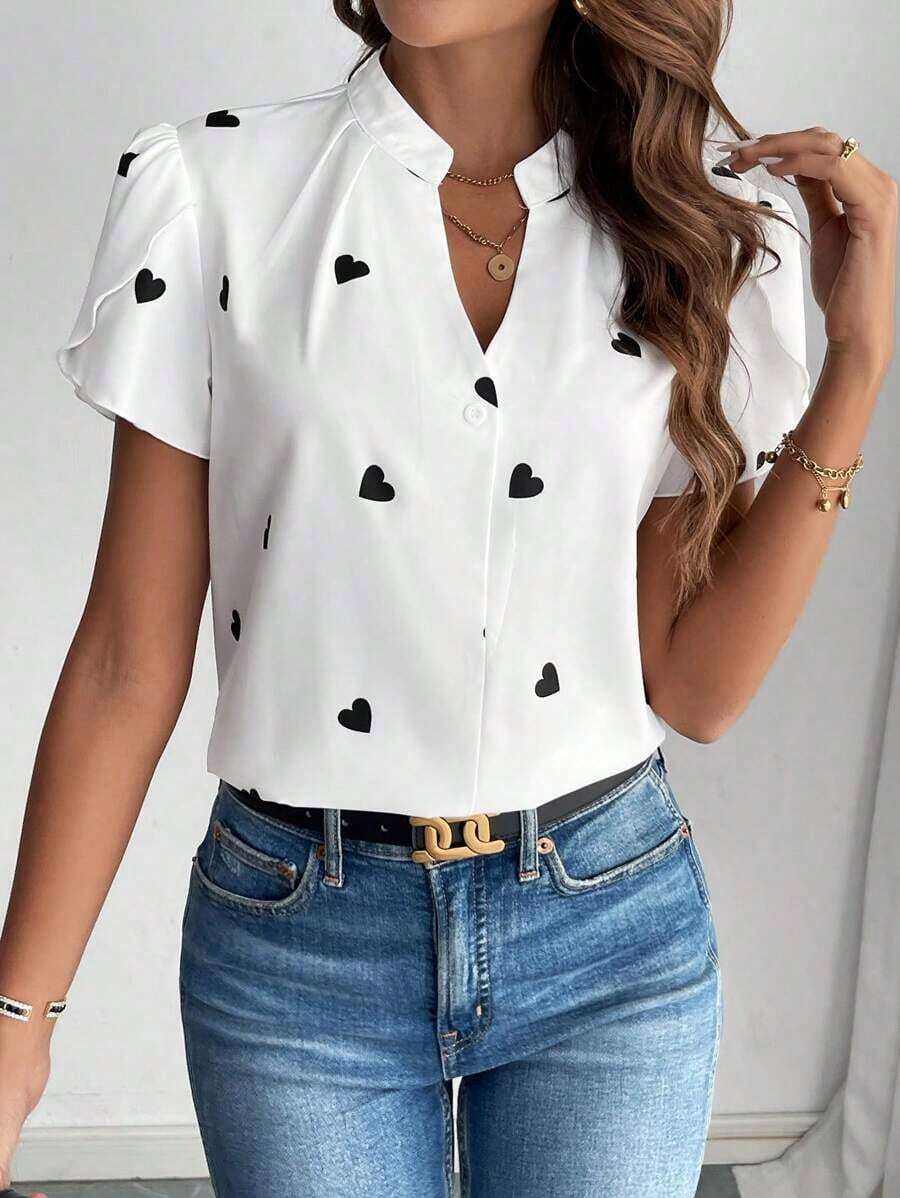 Blusa de trabajo con cuello en pico y mangas de pétalo de color blanco para mujer, blusas de manga corta - Multicolor - Ver 1