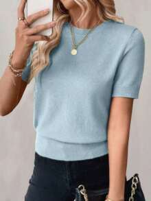 Blusa de punto de manga corta de unicolor y estilo minimalista, para uso diario - Celeste 2 - Ver 7