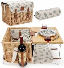 Premium 4-Person Wicker Picnic Basket Set |   30L Insulated Willow Hamper With Removable Bamboo Wine Table |   Professional Outdoor Dining Kit With Waterproof Blanket & Stainless Steel Cutlery - M dành cho 2P-Lá - Xem 2