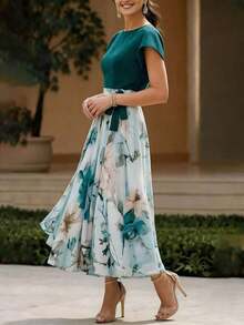 Vestido largo casual y elegante de tela tejida con estampado floral, adecuado para uso diario y todas las temporadas de vacaciones de verano - Verde - Ver 3