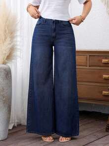 Jeans anchos casuales y versátiles para uso diario y viajes, sueltos y transpirables para mujeres - Azul lavado oscuro 2 - Ver 6