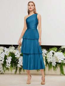 PREMIUM Vestido De Un Hombro Ajustado Tejido Con Pliegues - Azul - Ver 3