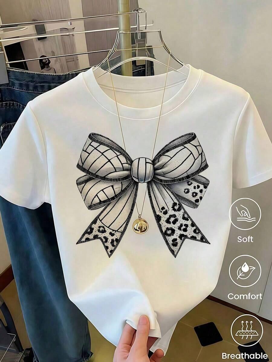 100% cotton Playera Blanca para Mujer con Estampado de Moño Grande y Parche de Leopardo Aesthetic, Camiseta Casual de Manga Corta Estilo Coquette y Moderno, Top Lindo de Algodón Suave con Diseño de Lazo de Cebra y Guepardo, Blusa Juvenil de Moda para Diario y Outfits Casuales de Verano - Blanco - Ver 1