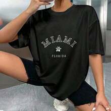 Camiseta unisex 100% algodón de gran tamaño con la inscripción "Miami, Florida", imprescindible para las damas.100% algodón. - Negro - Ver 4
