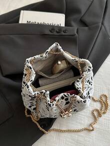 Bolso de hombro tipo cubo mini con cadena de encaje de moda - Blanco y Negro - Ver 7