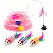 3-In-1 Interactive Cat Toys Set, Including Track Ball Tower With Suction Cup Rod And Feather Mouse Toys, Suitable For Indoor Cats And Kittens - Multicolor - View 8