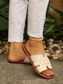 Women's White Jacquard Fabric Flat Slide Sandals, Open Toe Slip-On Casual Slippers, Non-Slip Soft Sole Summer Beach & Daily Wear - Beige - View 6