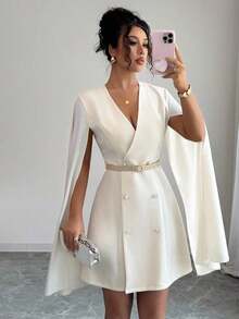 Vestido blazer con cinturón y cuello en V de unicolor para mujer - Albaricoque - Ver 6