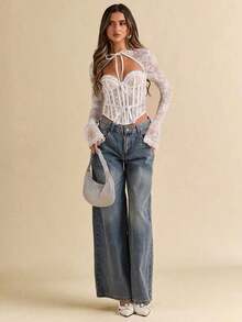 Prendas de verano, blusas interiores de otoño, blusas de encaje negro tipo corsé, estilo descanso con el té, estilo de corte, adecuado para citas, meriendas, fiestas, viajes, blusas de manga larga, blusas de mujer - Blanco - Ver 3
