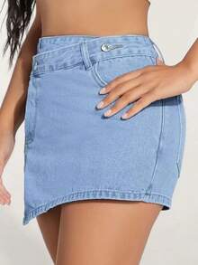 PETITE Falda-pantalón asimétrica casual de mezclilla con bolsillos para mujer - Lavado ligero - Ver 5
