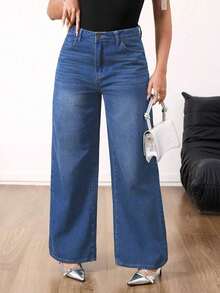 Jeans de pierna ancha de talle medio vintage para mujer - Uso casual elegante sin estiramiento - Azul lavado medio - Ver 6