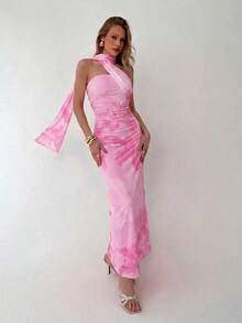 Vestido de mujer elegante y sexy con estampado floral de malla - Rosa - Ver 3