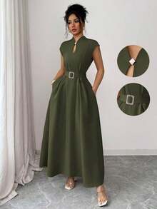 Vestido midi elegante y casual para mujer con diseño inspirado en la Sicilia francesa romántica, adecuado para ir al trabajo, vacaciones, té de la tarde, fiesta de San Valentín, con escote de corazón, cinturón de lazo en la cintura, bajo acampanado y bolsillos, primavera/verano - Verde militar - Ver 1