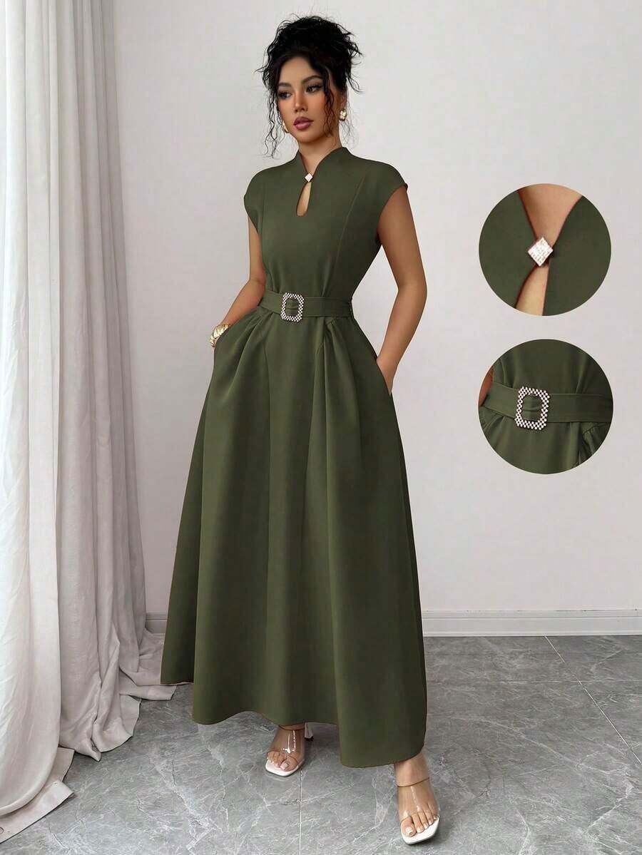 Vestido midi elegante y casual para mujer con diseño inspirado en la Sicilia francesa romántica, adecuado para ir al trabajo, vacaciones, té de la tarde, fiesta de San Valentín, con escote de corazón, cinturón de lazo en la cintura, bajo acampanado y bolsillos, primavera/verano - Verde militar - Ver 1