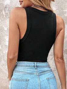 ChicMe Top básico de punto acanalado con cuello redondo, ajustado, sin mangas, con sujetador incorporado, elegante y casual, color blanco para el verano - Negro - Ver 2