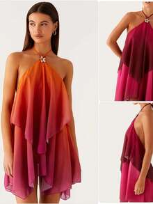 Vestido Halter Gradiente Tul Estilo Único Bestseller - Naranja - Ver 2