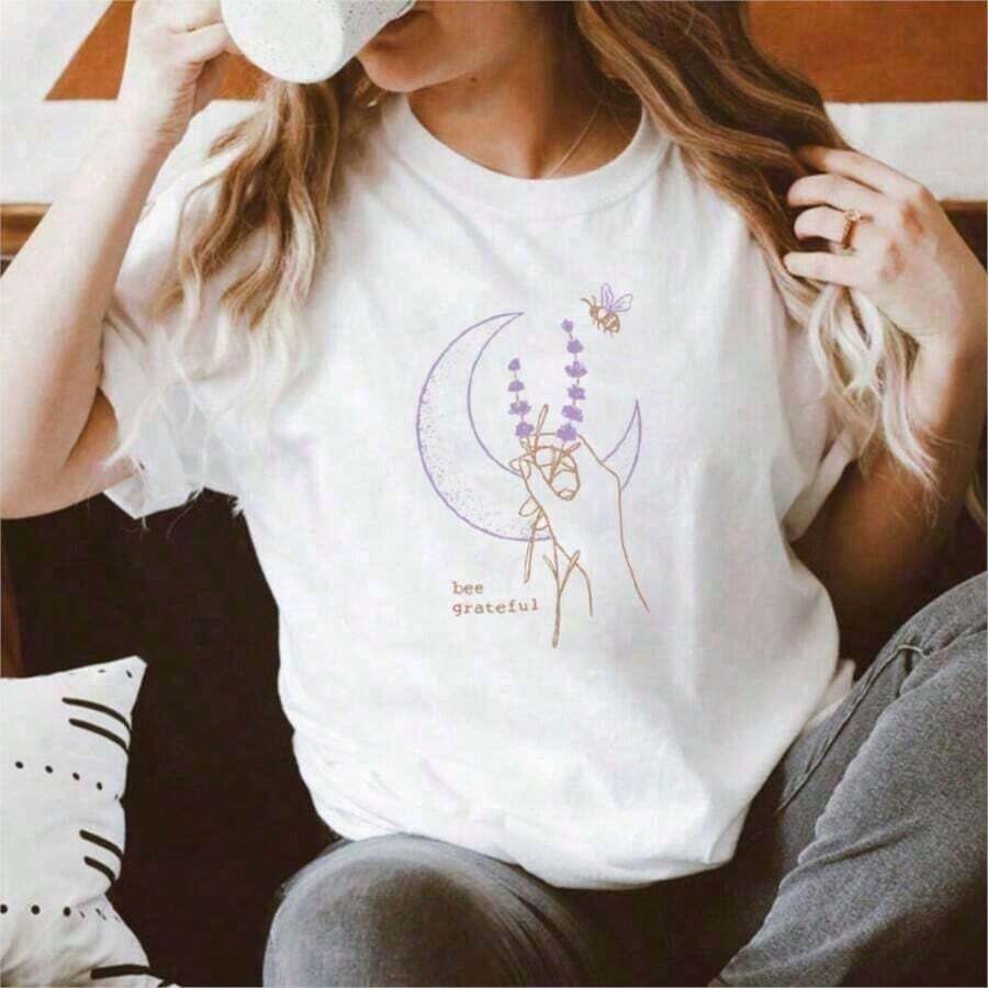 Women's T-Shirt With Colorful Butterfly And Petal Print For A Super Happy Summer, Fashionable Short Sleeve Round Neck T-Shirt, Cute Cartoon T-Shirt For Women, Women's Clothing - 全穀類咖啡 - 查看 1