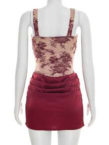 Vestido ajustado con cuello cuadrado, estampado de encaje y cintura con hueso moldeador, estilo europeo elegante de verano, favorecedor y moderno para mujer - Burdeos - Ver 8