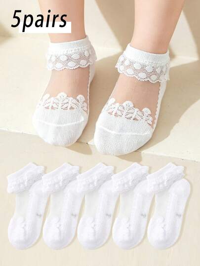 5 đôi tất ngắn bằng lụa pha lê viền ren cho bé gái, dễ thương và nữ tính, thích hợp cho mùa hè.