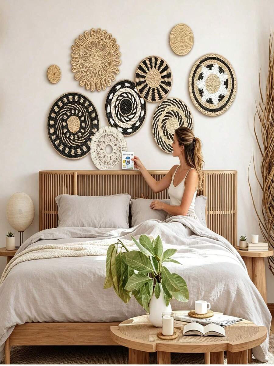 1 món đồ trang trí treo tường thủ công bằng mây đan kiểu Ma-rốc Boho, hình tròn.