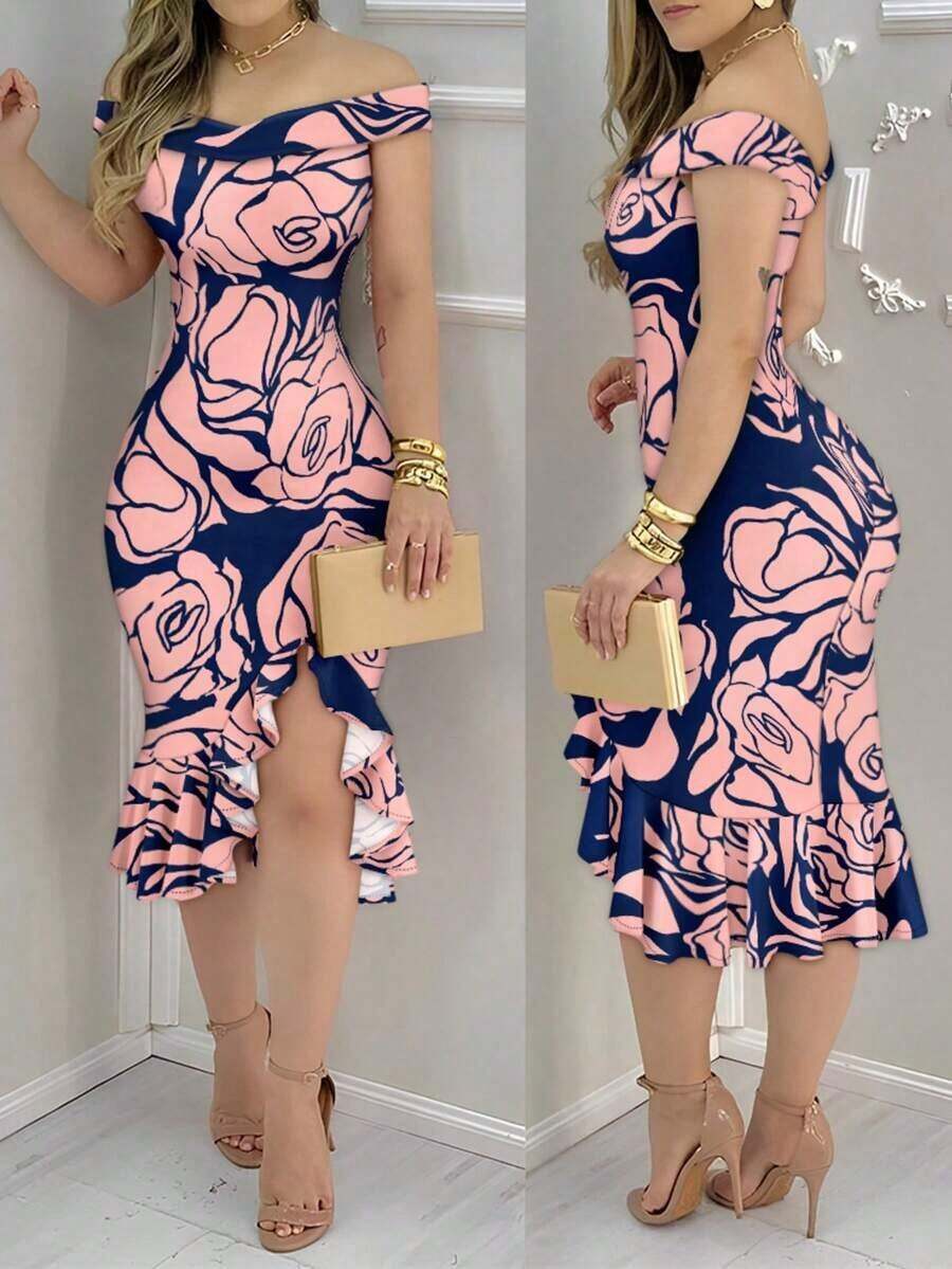 Vestido de mujer con estampado floral, hombros abiertos, volantes en el bajo y abertura, vestido elegante y entallado de longitud media, adecuado para fiestas, cócteles y uso de verano - Rosa - Ver 1