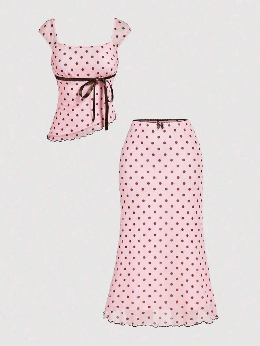 Conjunto de 2 piezas para mujer con lunares: top con dobladillo asimétrico y falda de cola de pez de cintura baja con decoración de lazo, retro, vintage, conjunto de verano de dos piezas, para invitada de boda, vacaciones, cumpleaños, concierto - Rosa - Ver 1