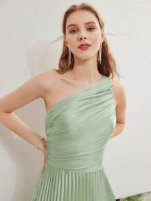PREMIUM VESTIDO CON UN HOMBRO FRUNCIDO Y PLISADO - Verde - Ver 6