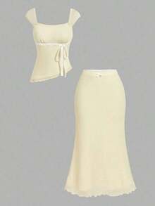 Conjunto de 2 piezas para mujer con lunares: top con dobladillo asimétrico y falda de cola de pez de cintura baja con decoración de lazo, retro, vintage, conjunto de verano de dos piezas, para invitada de boda, vacaciones, cumpleaños, concierto - Amarillo claro - Ver 3