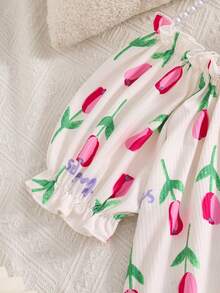 Summer Girls' Tulip Print+Bow Decoration Bubble Short Sleeve Sleeping Dress With Gentle/Fresh Girlish Atmosphere,Soft Fabric,Girls' Little Fresh Dress - Pink - View 6