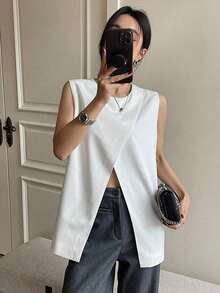 Camiseta sin mangas de negocios casual para mujer con cuello de pico y bajo dividido de unicolor - Blanco - Ver 9