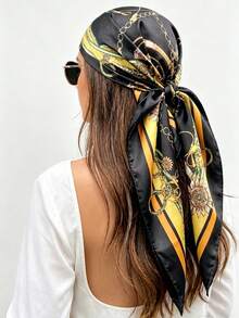 1pc Women Retro Chain & Floral Print Satin Square Scarf, Black & Yellow Bandana Style Headscarf, Neck Scarf, Hair Band, Bag Accessory, Lightweight Silky Polyester - Black - View 5