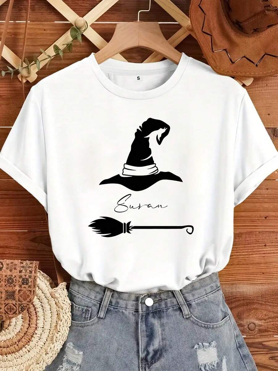 Personalized Halloween Witch T-Shirt, Custom T-Shirts, Personalized Name T-Shirts, Family T-Shirts, Halloween Crew T-Shirts, Witch Theme T-Shirts, Halloween Gifts - 白色 - 查看 1
