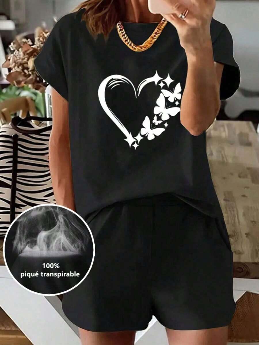 No es un conjunto a juego, los pantalones son solo para referencia de combinación. Hecho de 100% algodón puro, transpirable y agradable para la piel. Cuello redondo clásico, corte ajustado y favorecedor que se adapta a todo tipo de cuerpo. Diseño estampado moderno, minimalista y elegante. Estilo unisex, ideal para conjuntos de pareja. Perfecto para el trayecto diario, citas informales y moda urbana, versátil y atemporal. - Negro - Ver 1