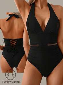 Traje de baño de una pieza con control de abdomen, estilo minimalista de unicolor, con escote halter y espalda descubierta, para vacaciones de verano en la playa - Negro - Ver 1