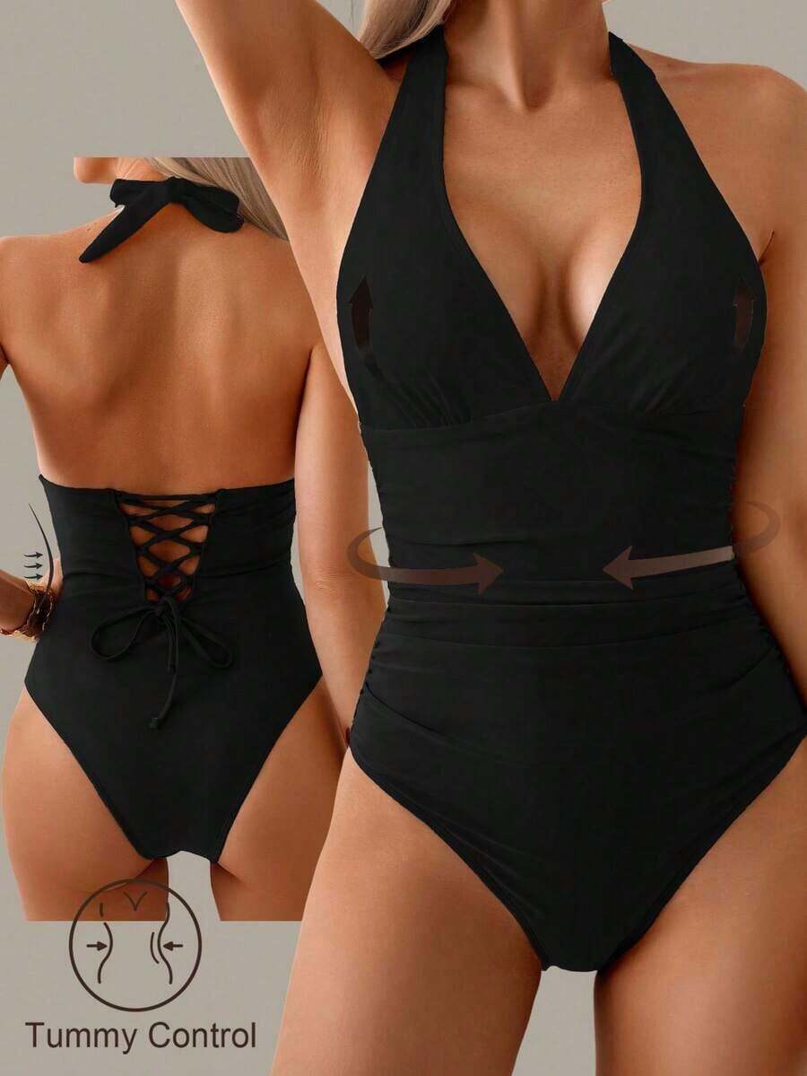 Traje de baño de una pieza con control de abdomen, estilo minimalista de unicolor, con escote halter y espalda descubierta, para vacaciones de verano en la playa - Negro - Ver 1