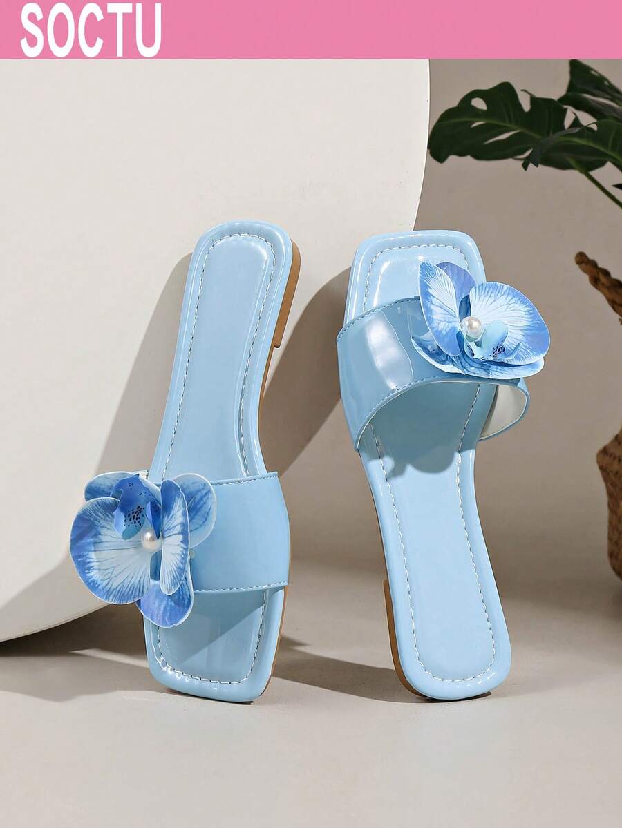 SOCTU Summer New Butterfly Flower Slide Sandals Women's Beach Slippers Versatile Square Toe Flat Sandals