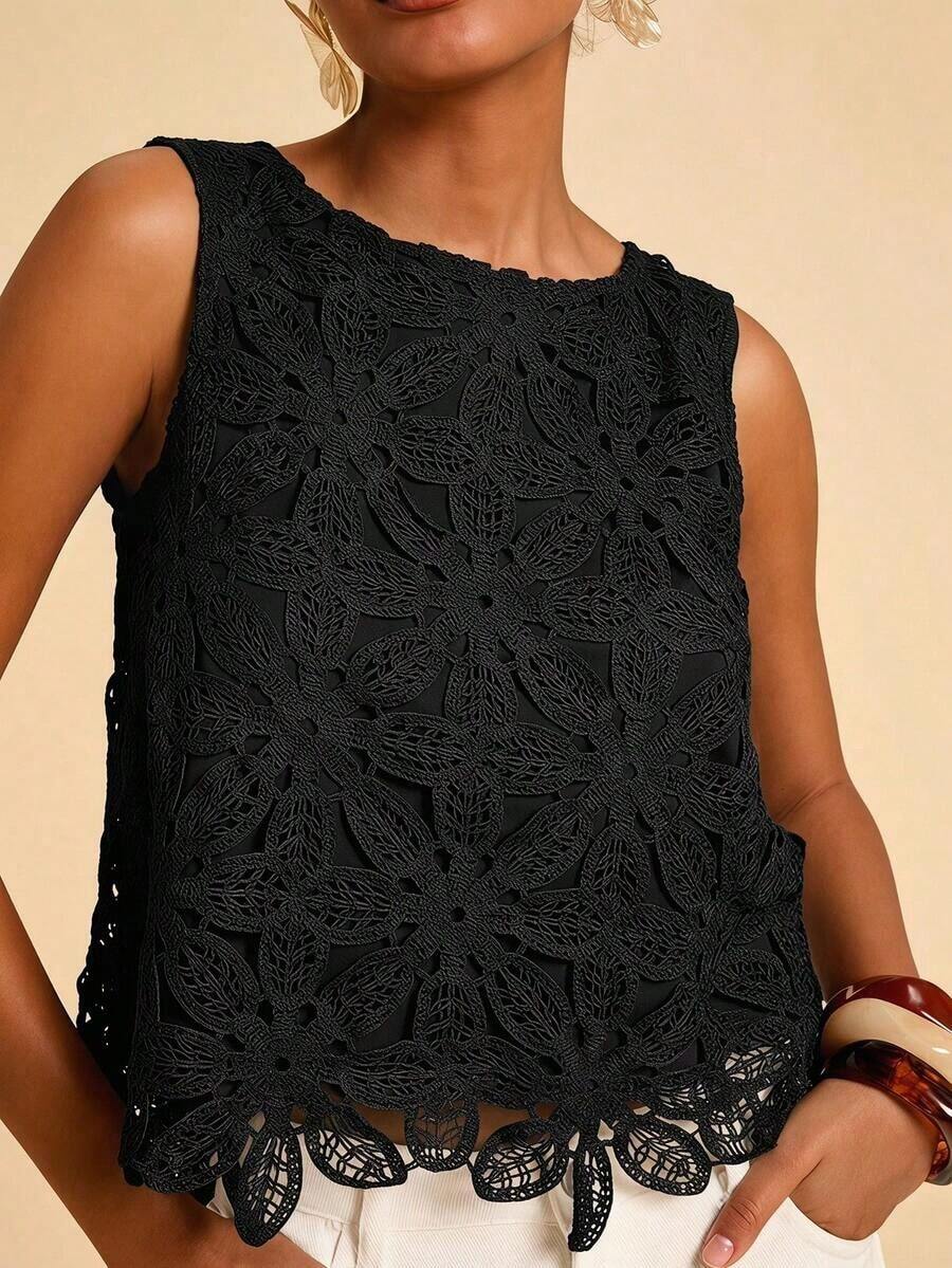 Blusa casual de mujer de cuello redondo sin mangas de color marrón, ideal para vacaciones, verano, primavera, fiestas, playa, San Valentín, disfraz de carnaval, elegante, floral, carnaval, de primavera a verano, fiesta, invitada de boda, cumpleaños, estilo mexicano bohemio para mujer - Negro - Ver 1