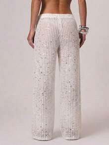 Resort - Pantalones de Ganchillo de Pierna Ancha con Lentejuelas para Mujer, Estilo Boho Ibiza, Elegantes para Vacaciones de Verano en la Playa - Celeste - Ver 10